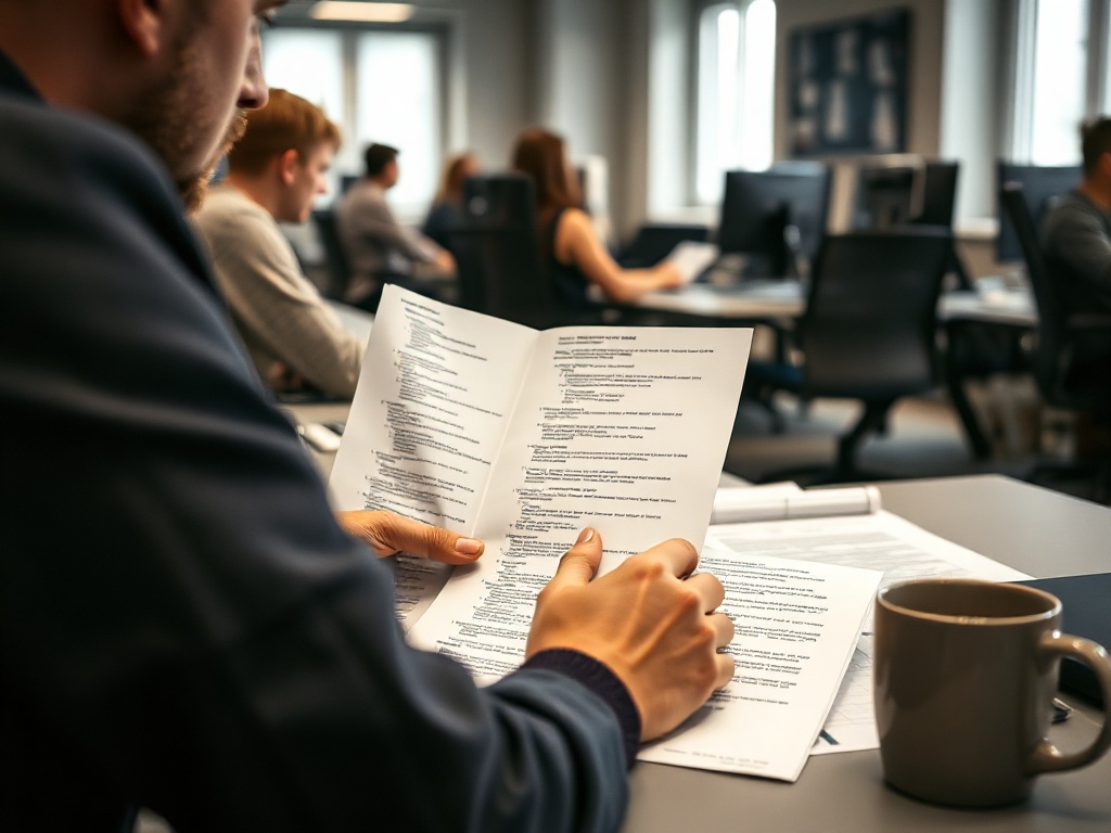 Documentary photo of a developer reviewing printed code listings and handwritten notes on a desk in a Polish office