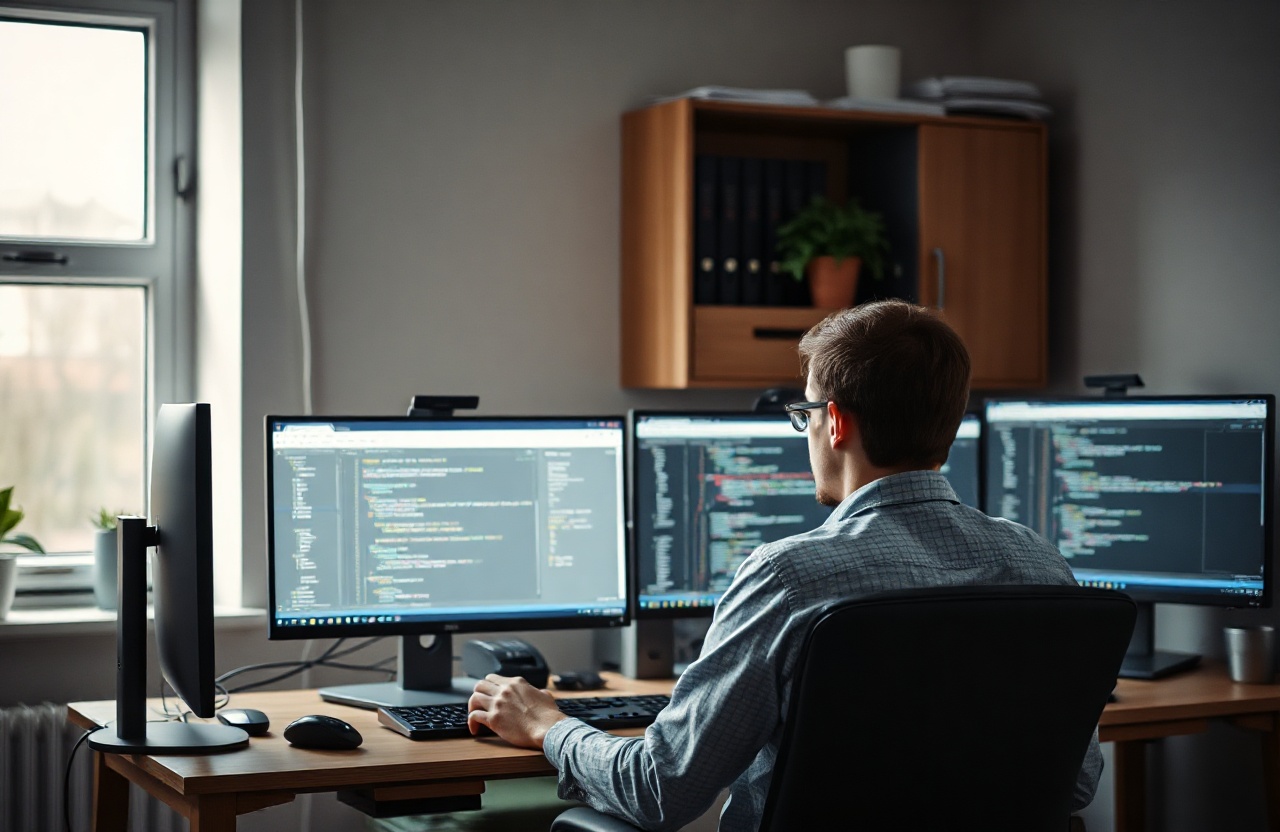 Documentary photo of a small software development team in a modest office in Wrocław